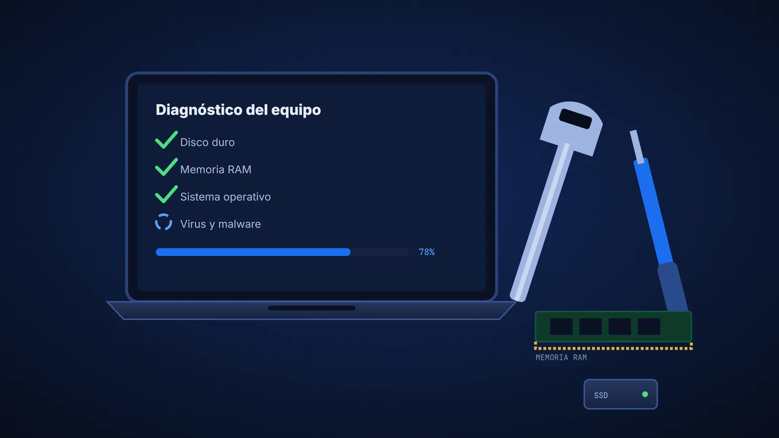 Laptop en diagnóstico con herramientas y memoria RAM